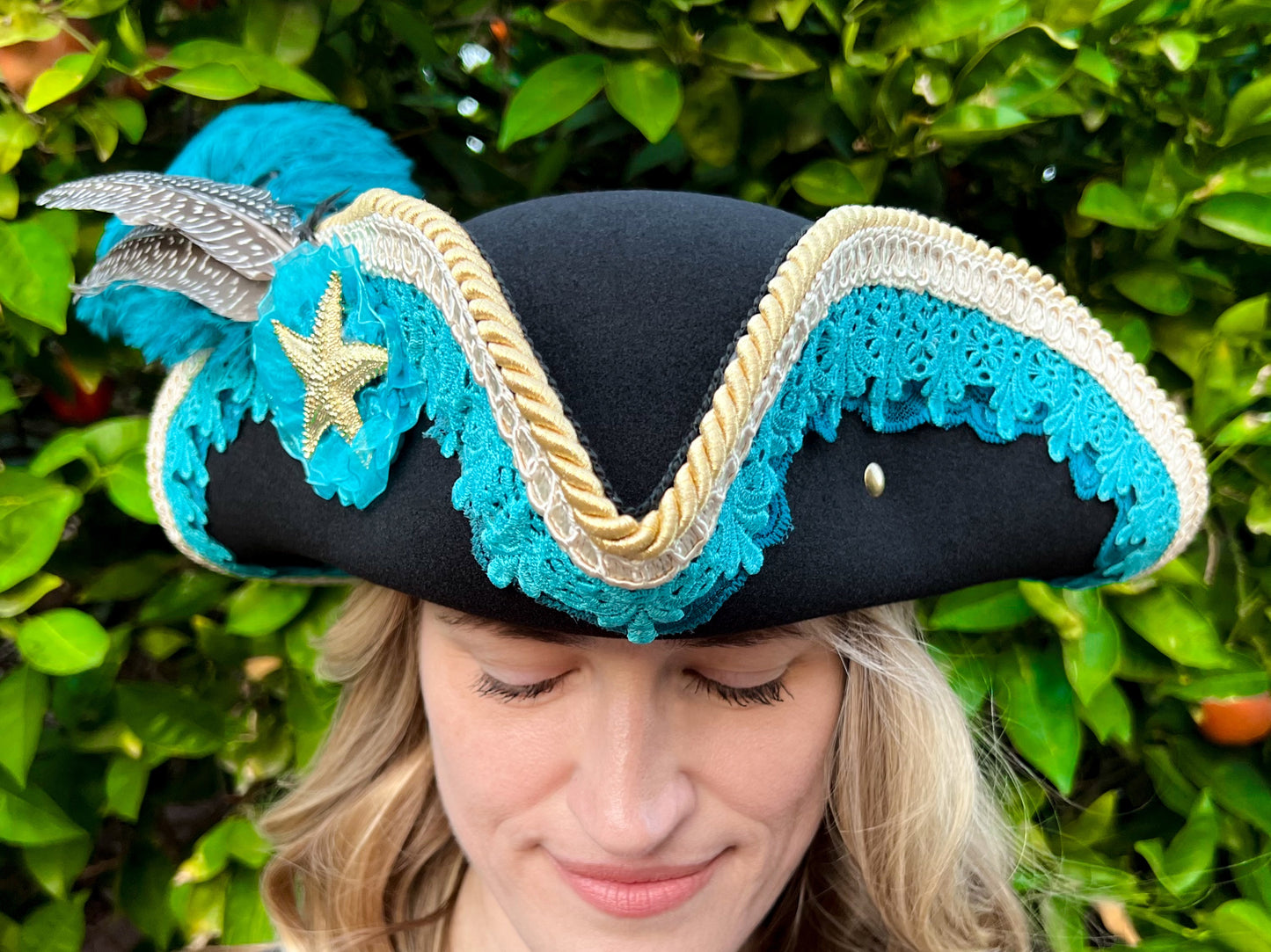 Bicorn Hat 22" Black Polyester Base with Teal/Turquoise Trim, Feathers, and Brooch