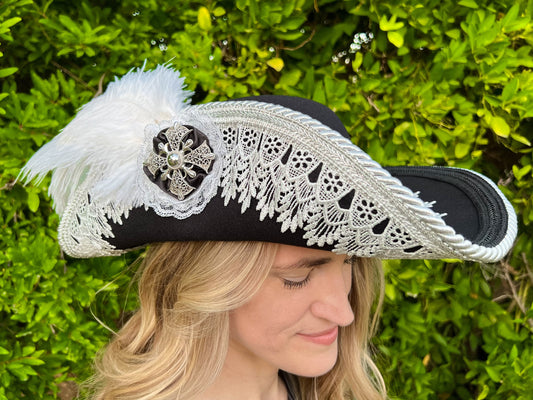 Cavalier Hat 22" Black Polyester Base with Silver Trim, Feathers, and Brooch