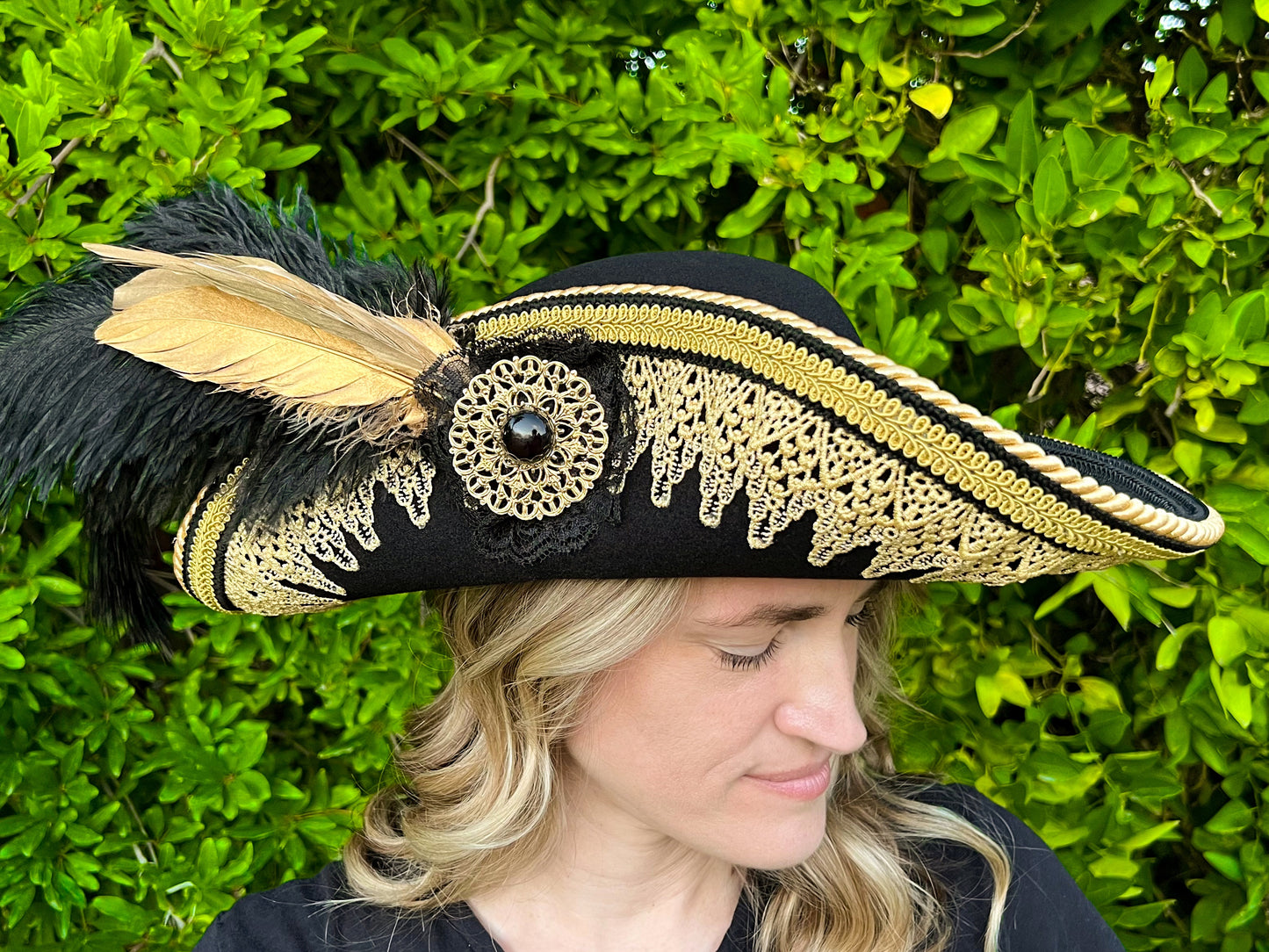 Cavalier Hat 22" Black Polyester Base with Gold Trim, Feathers, and Brooch