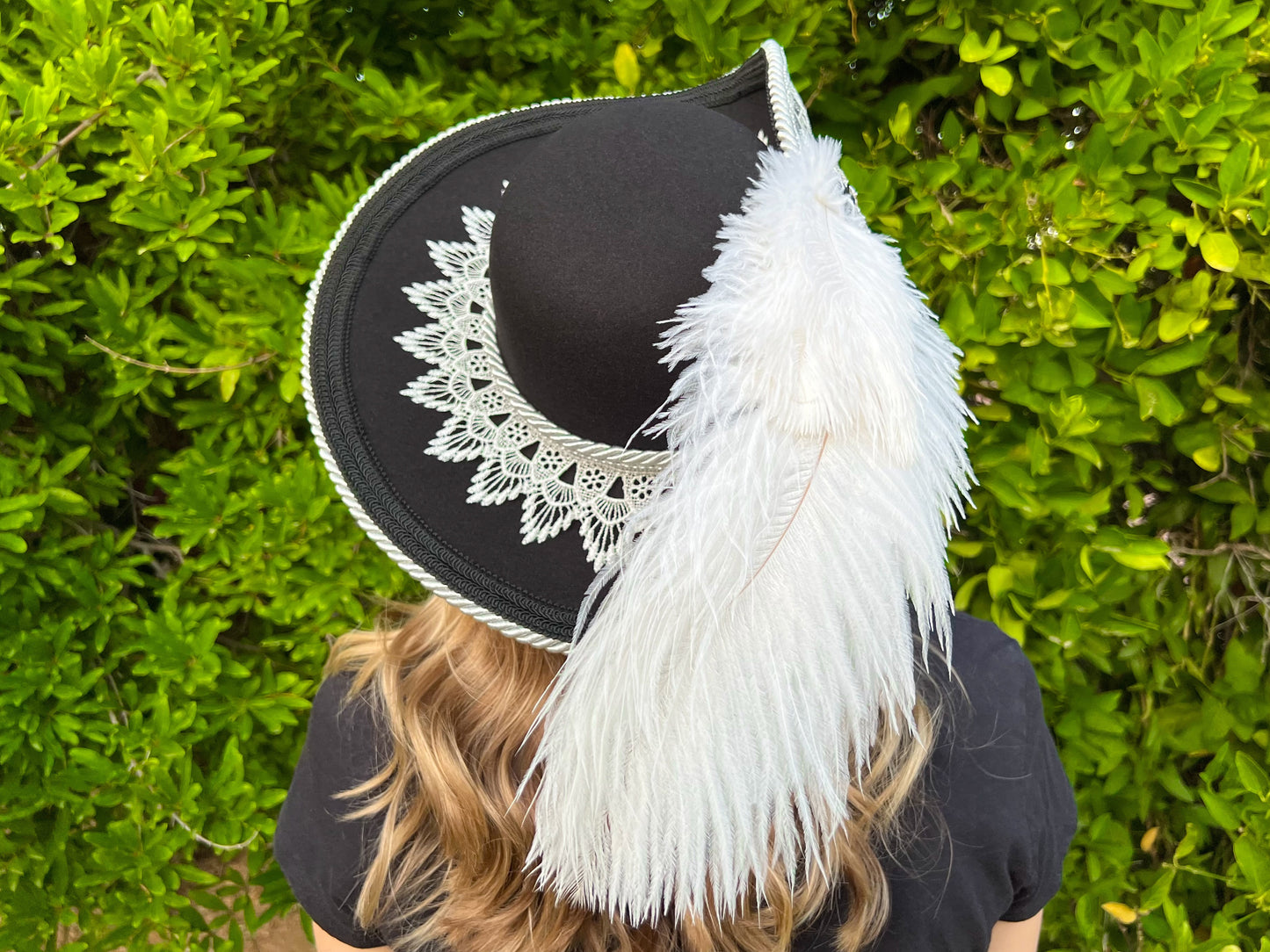 Cavalier Hat 22" Black Polyester Base with Silver Trim, Feathers, and Brooch