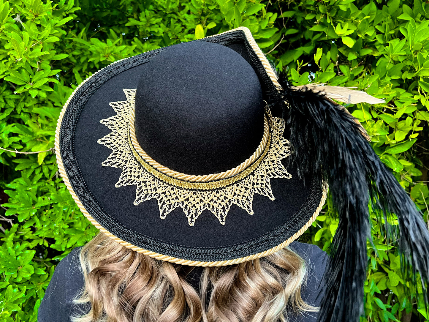 Cavalier Hat 22" Black Polyester Base with Gold Trim, Feathers, and Brooch