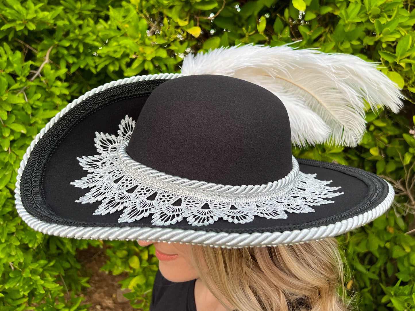 Cavalier Hat 22" Black Polyester Base with Silver Trim, Feathers, and Brooch