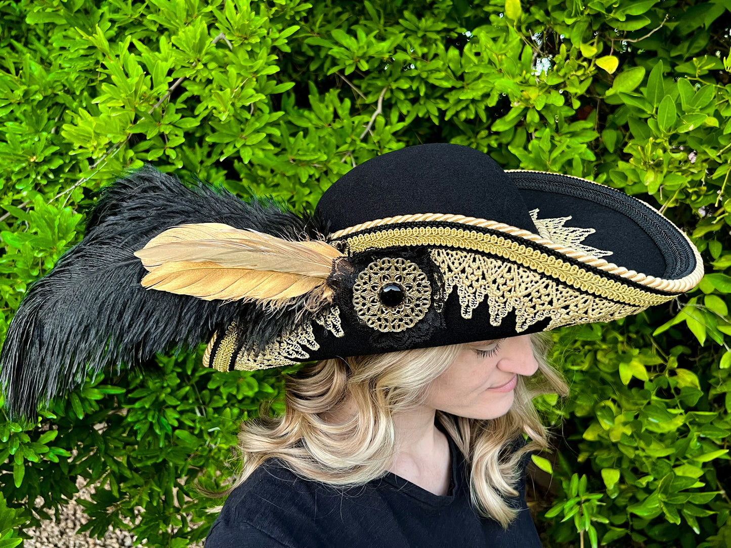 Cavalier Hat 22" Black Polyester Base with Gold Trim, Feathers, and Brooch