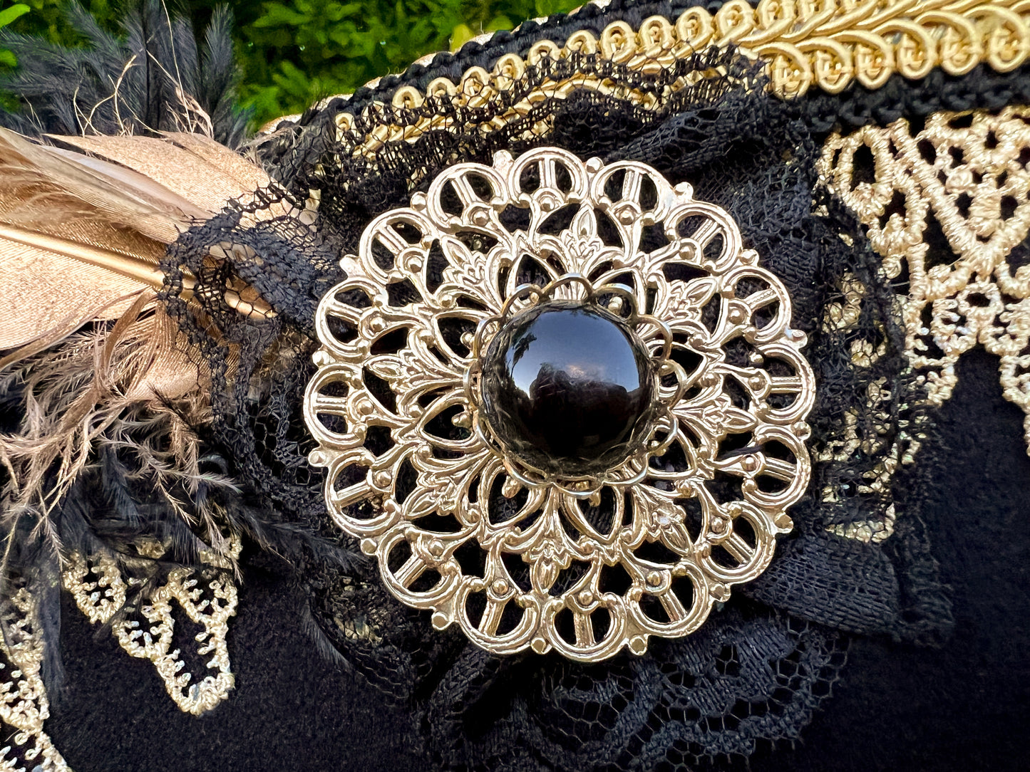 Cavalier Hat 22" Black Polyester Base with Gold Trim, Feathers, and Brooch