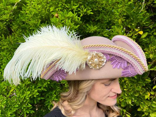 Tricorn Hat 21.75" Cream Wool Base with Lavender Trim, Feathers, and Brooch