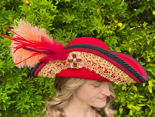 Tricorn Hat 21.75" Red Wool Base with Black/Gold Trim, Feathers, and Brooch