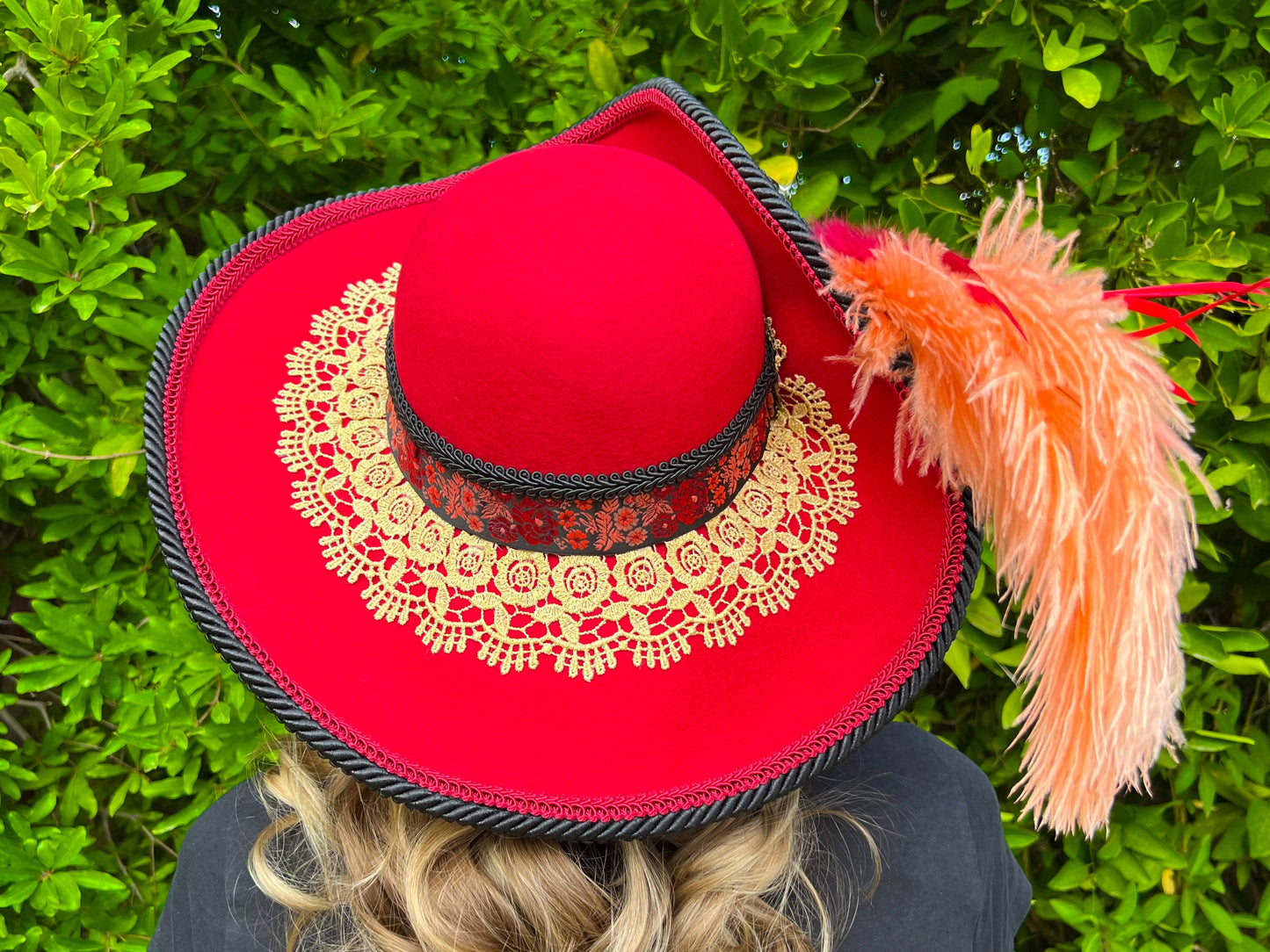 Tricorn Hat 21.75" Red Wool Base with Black/Gold Trim, Feathers, and Brooch