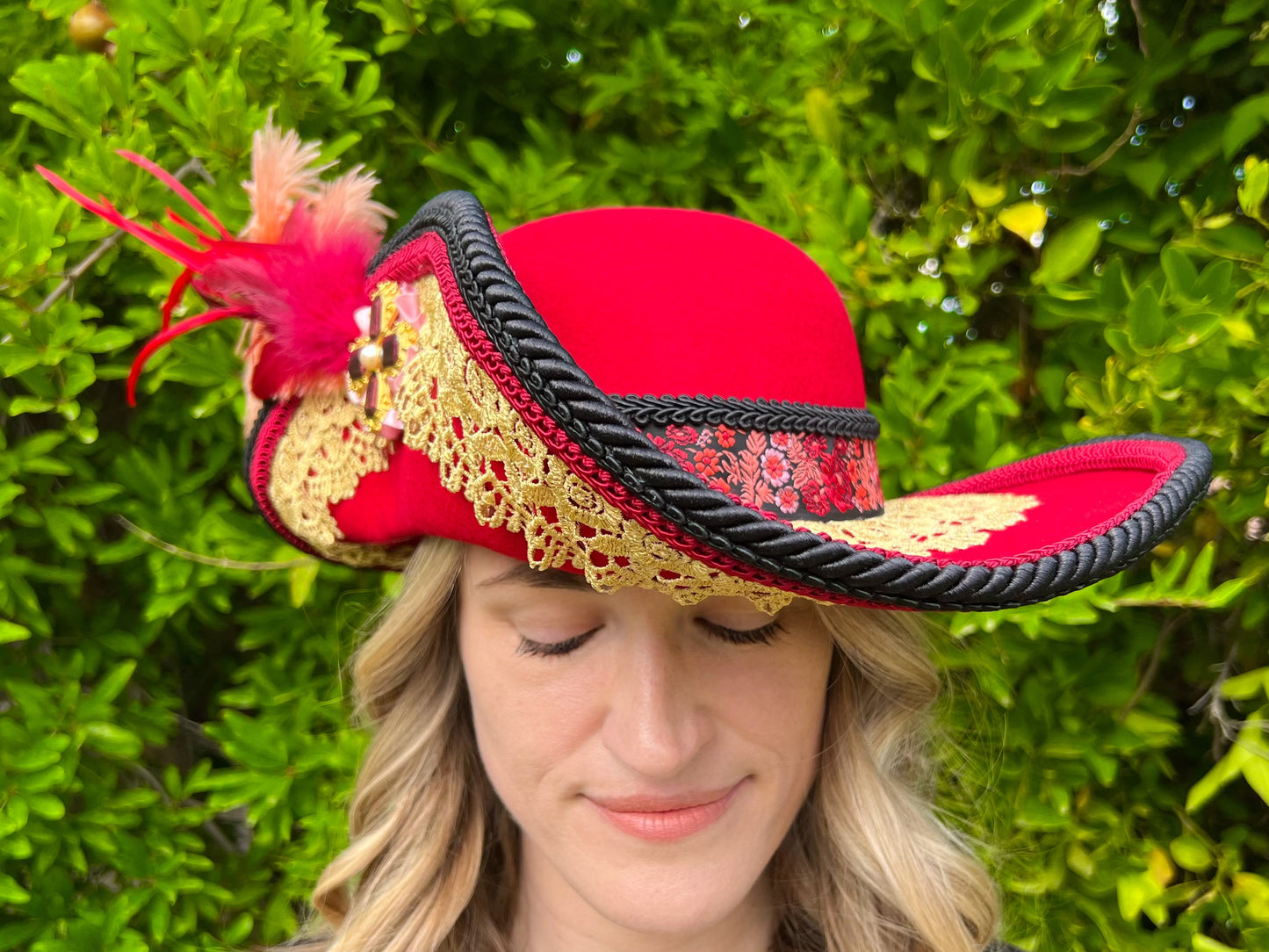 Tricorn Hat 21.75" Red Wool Base with Black/Gold Trim, Feathers, and Brooch