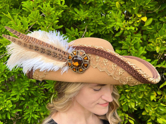 Cavalier Hat 22" Tan Polyester Base with Brown/Gold Trim, Feathers, and Brooch