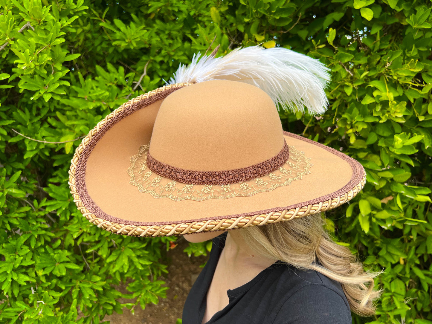 Cavalier Hat 22" Tan Polyester Base with Brown/Gold Trim, Feathers, and Brooch