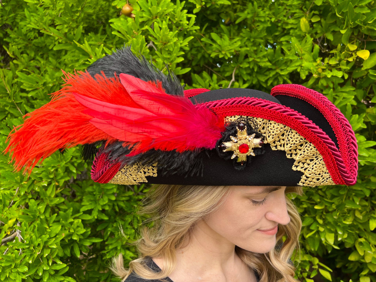 Tricorn Hat 22" Black Polyester Base with Red/Gold Trim, Feathers, and Brooch