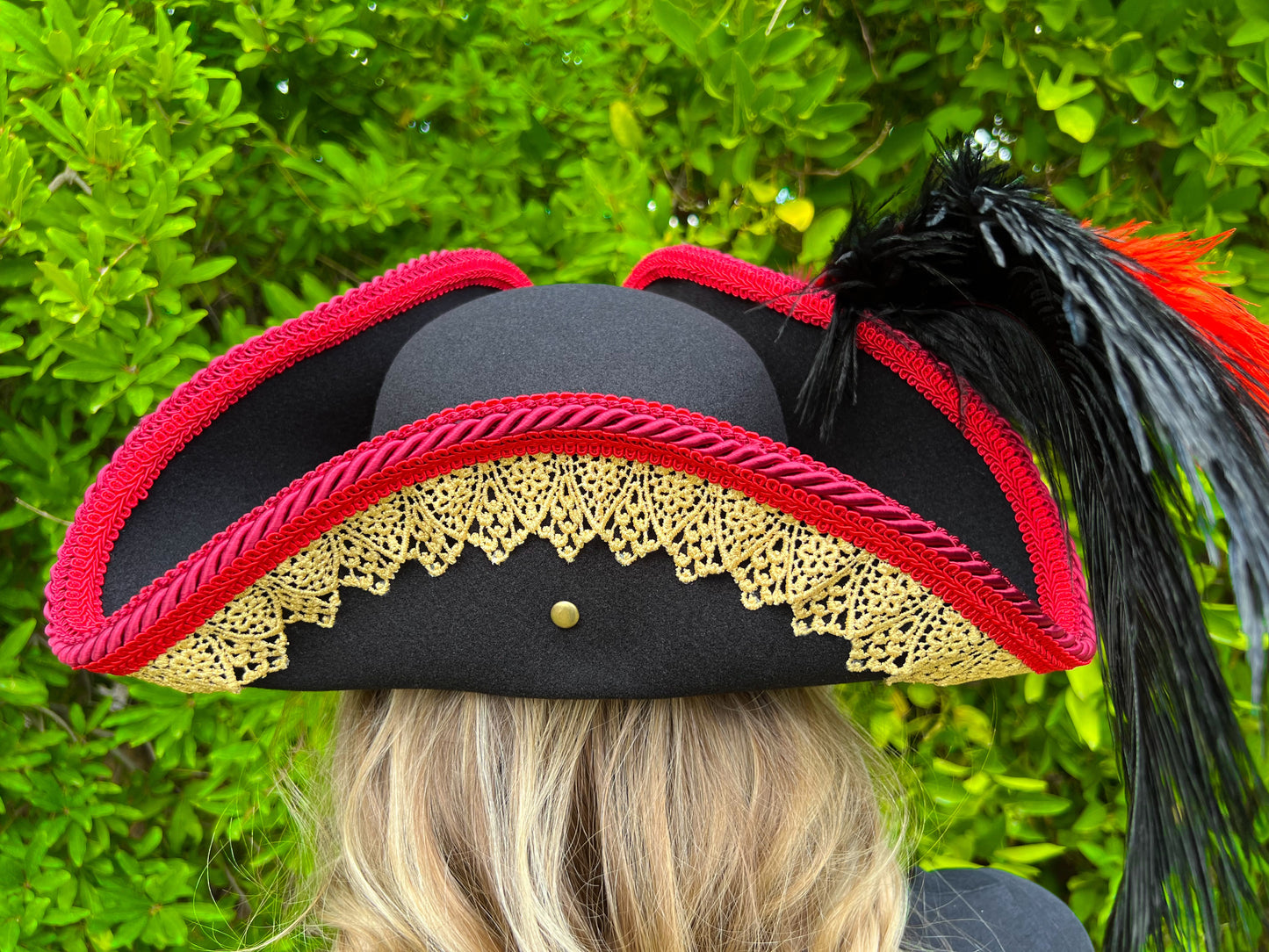 Tricorn Hat 22" Black Polyester Base with Red/Gold Trim, Feathers, and Brooch