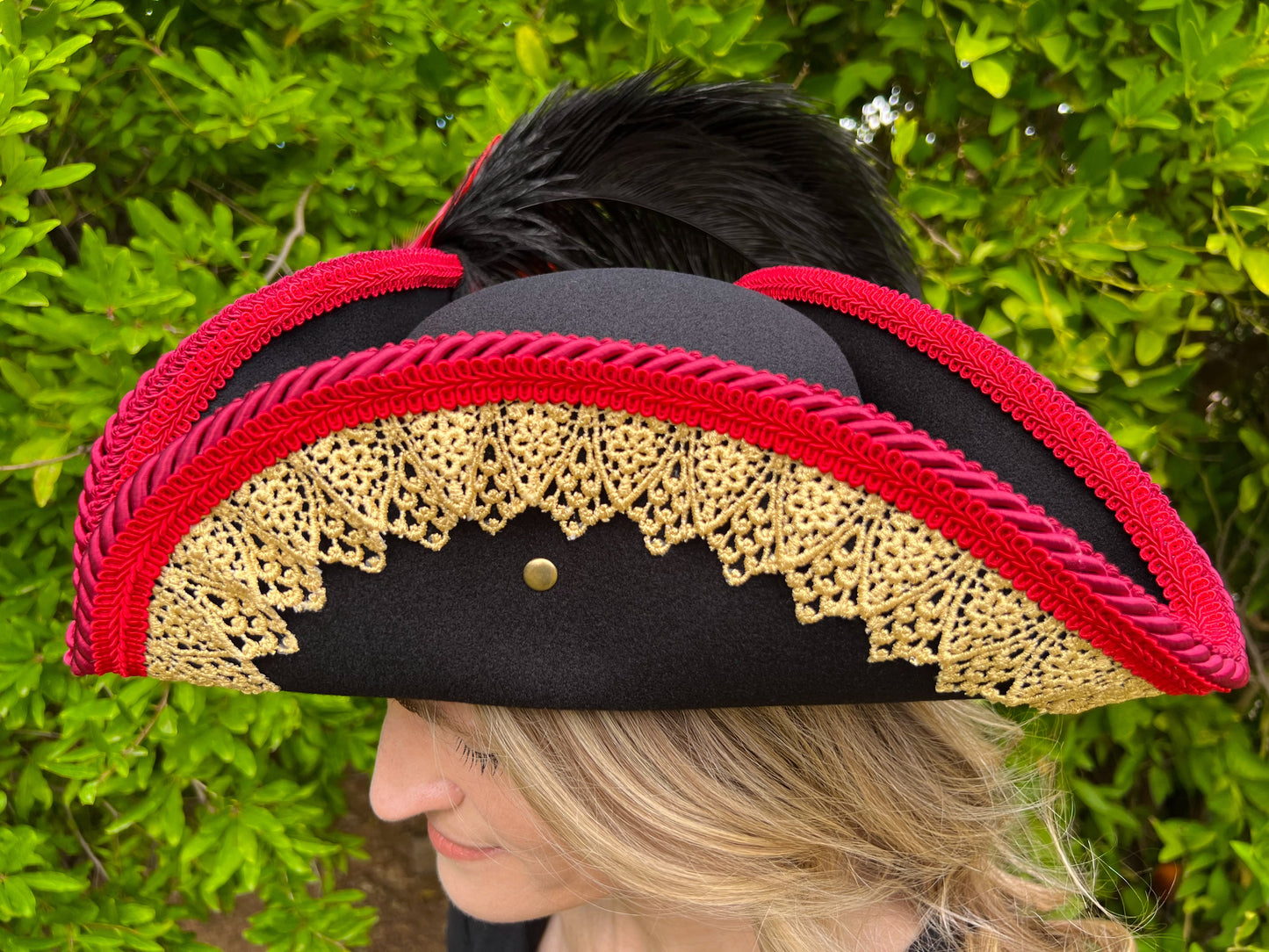 Tricorn Hat 22" Black Polyester Base with Red/Gold Trim, Feathers, and Brooch