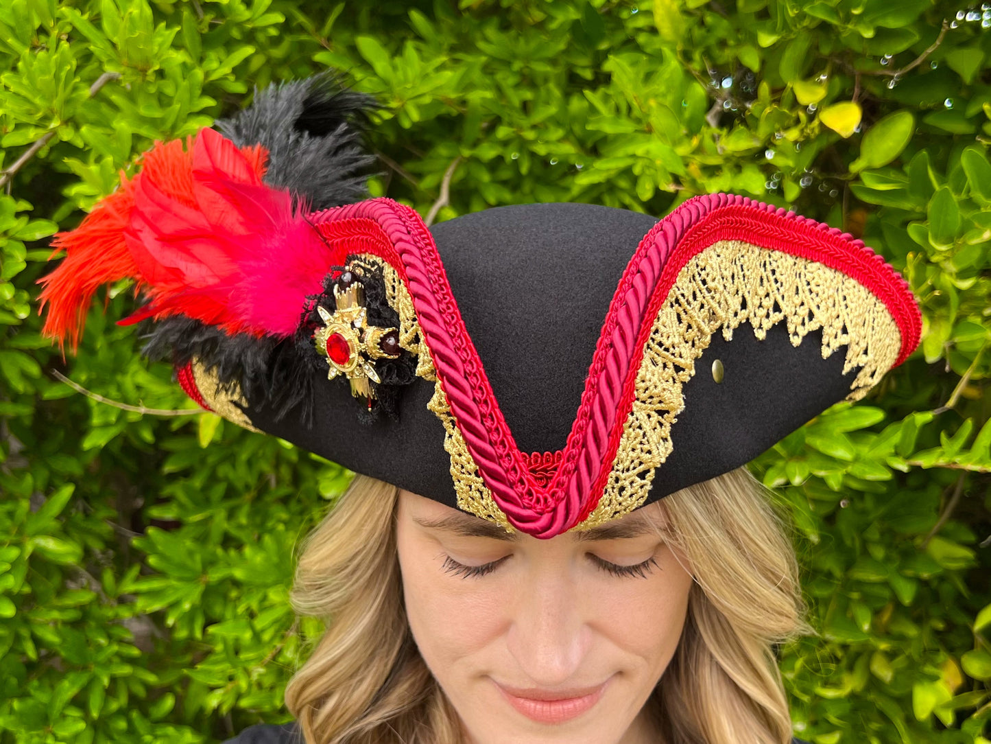 Tricorn Hat 22" Black Polyester Base with Red/Gold Trim, Feathers, and Brooch