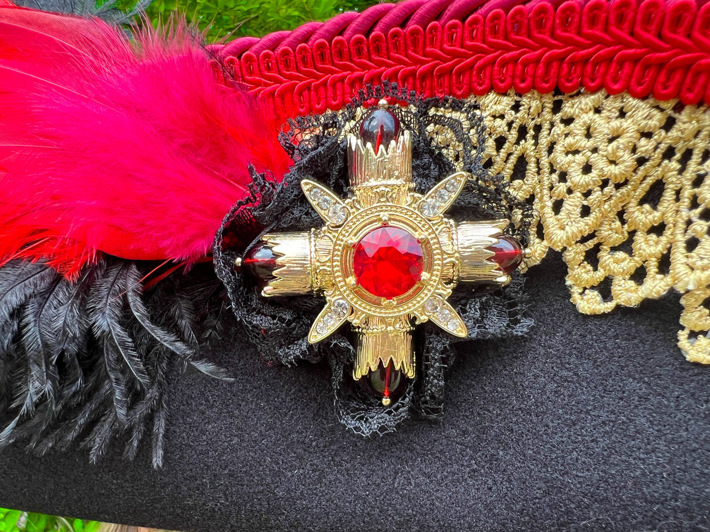 Tricorn Hat 22" Black Polyester Base with Red/Gold Trim, Feathers, and Brooch