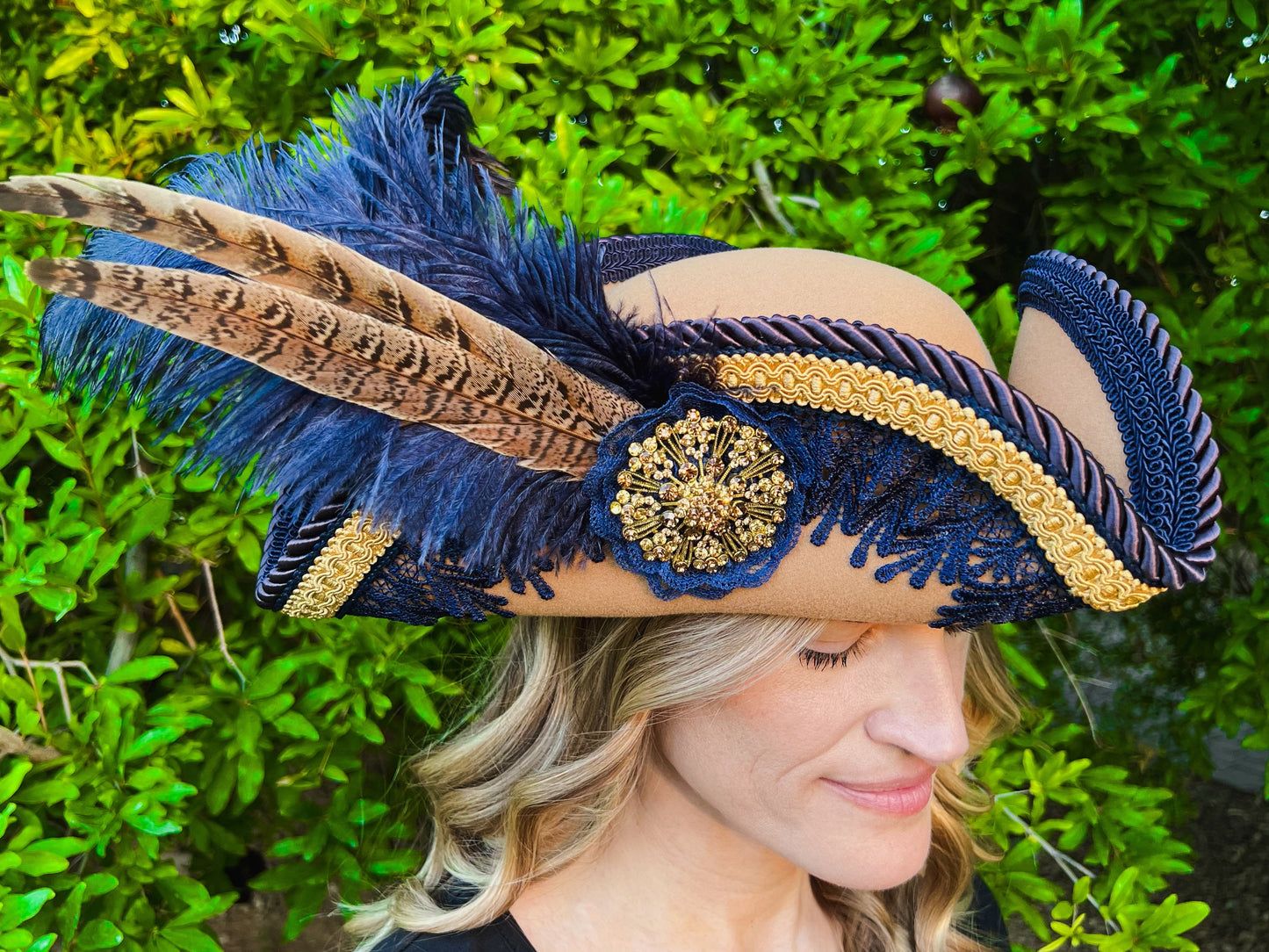 Tricorn Hat 22" Tan Polyester Base with Navy/Gold Trim, Feathers, and Brooch