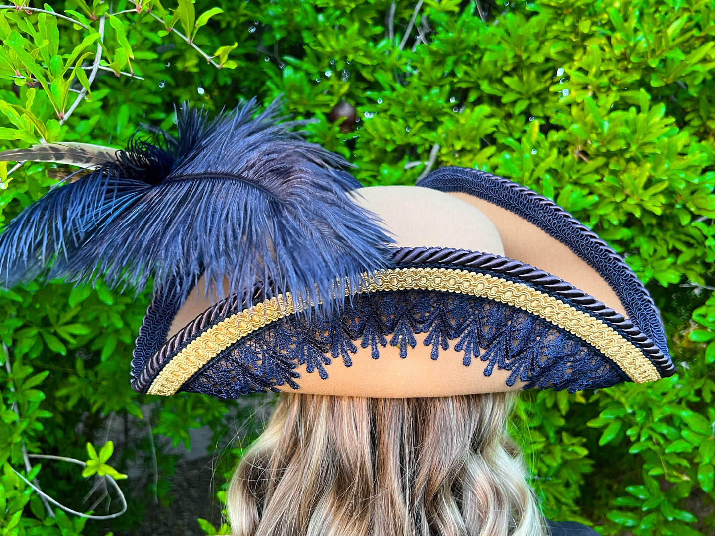 Tricorn Hat 22" Tan Polyester Base with Navy/Gold Trim, Feathers, and Brooch