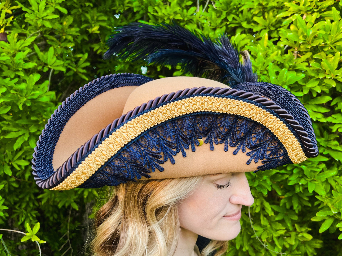 Tricorn Hat 22" Tan Polyester Base with Navy/Gold Trim, Feathers, and Brooch