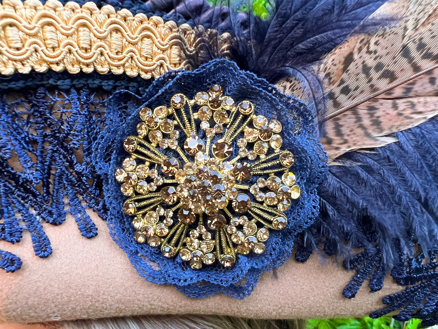 Tricorn Hat 22" Tan Polyester Base with Navy/Gold Trim, Feathers, and Brooch