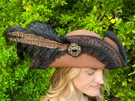 Tricorn Hat 22" Brown Wool Base with Black Lace Trim, Feathers, and Brooch