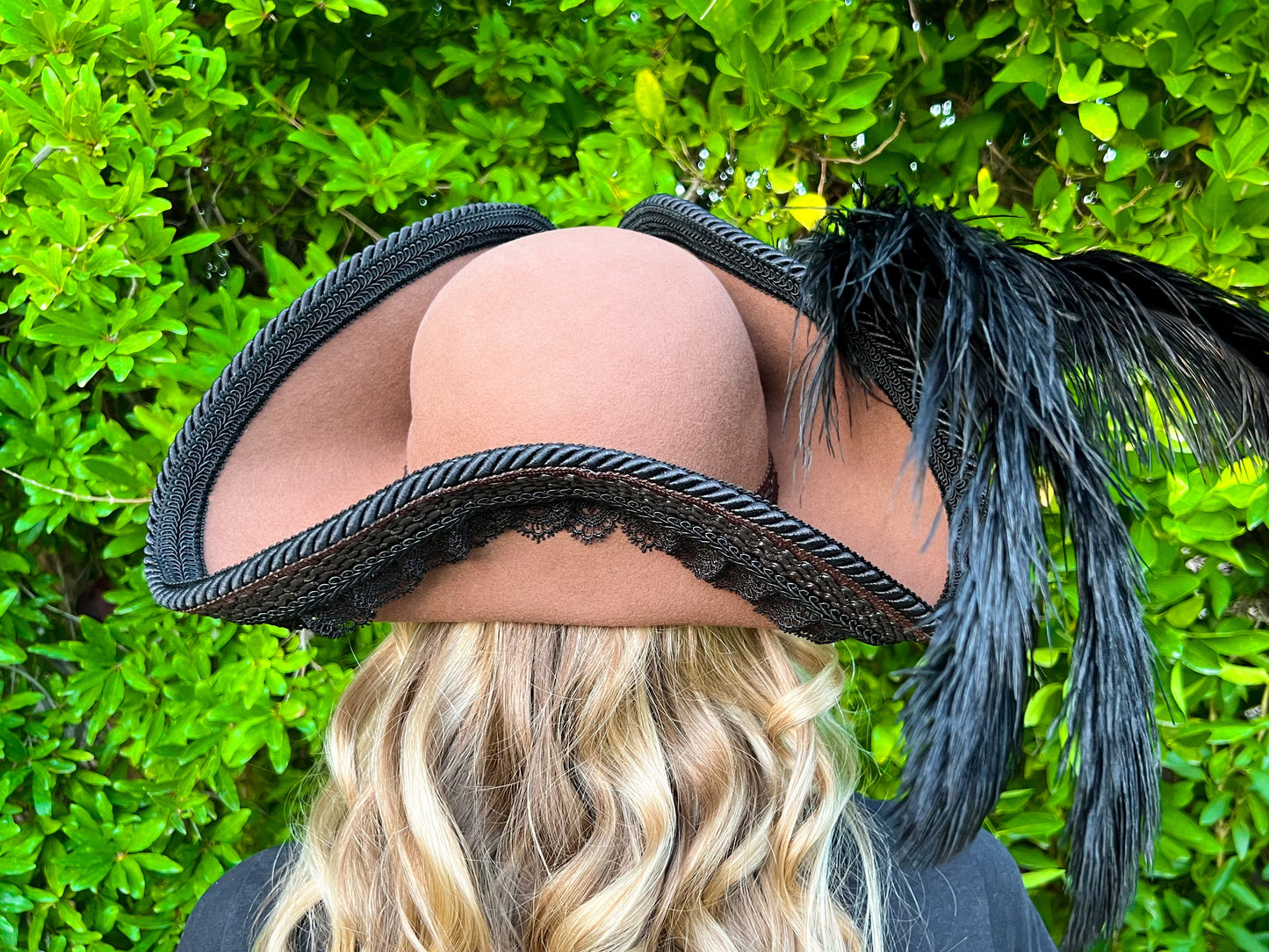 Tricorn Hat 22" Brown Wool Base with Black Lace Trim, Feathers, and Brooch