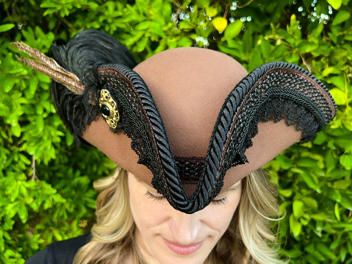 Tricorn Hat 22" Brown Wool Base with Black Lace Trim, Feathers, and Brooch