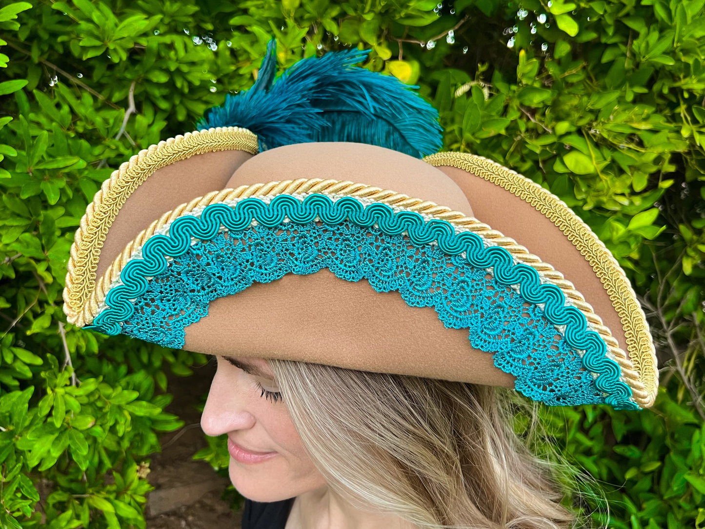 Tricorn Hat 22" Tan Polyester Base with Teal Trim, Feathers, and Turquoise Brooch