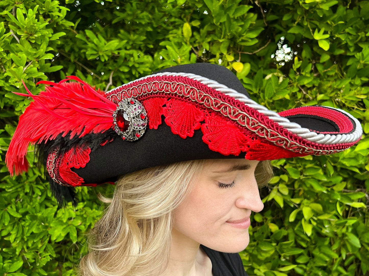 Cavalier Hat 22" Black Polyester Base with Red Trim, Feathers, and Brooch