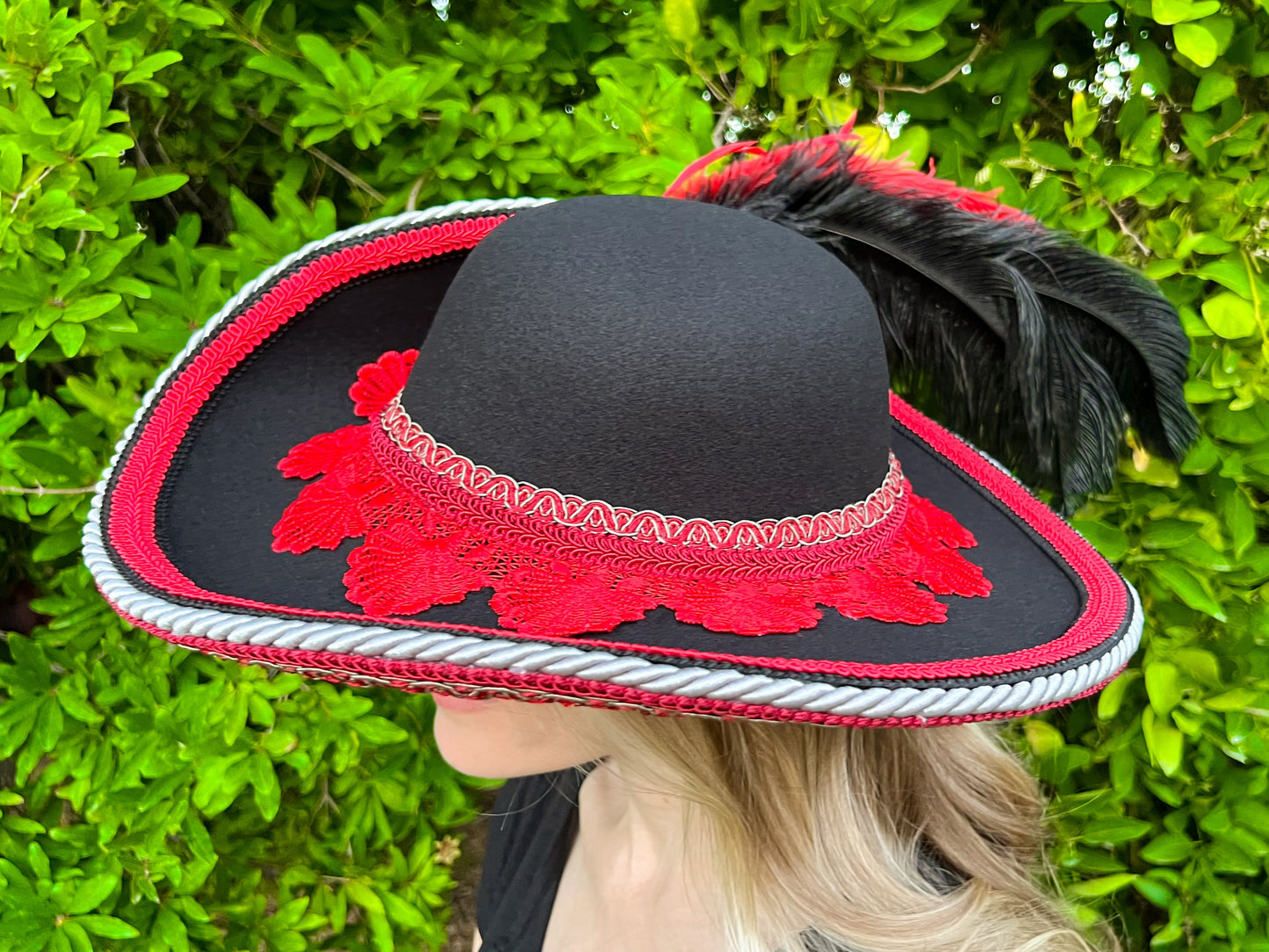 Cavalier Hat 22" Black Polyester Base with Red Trim, Feathers, and Brooch