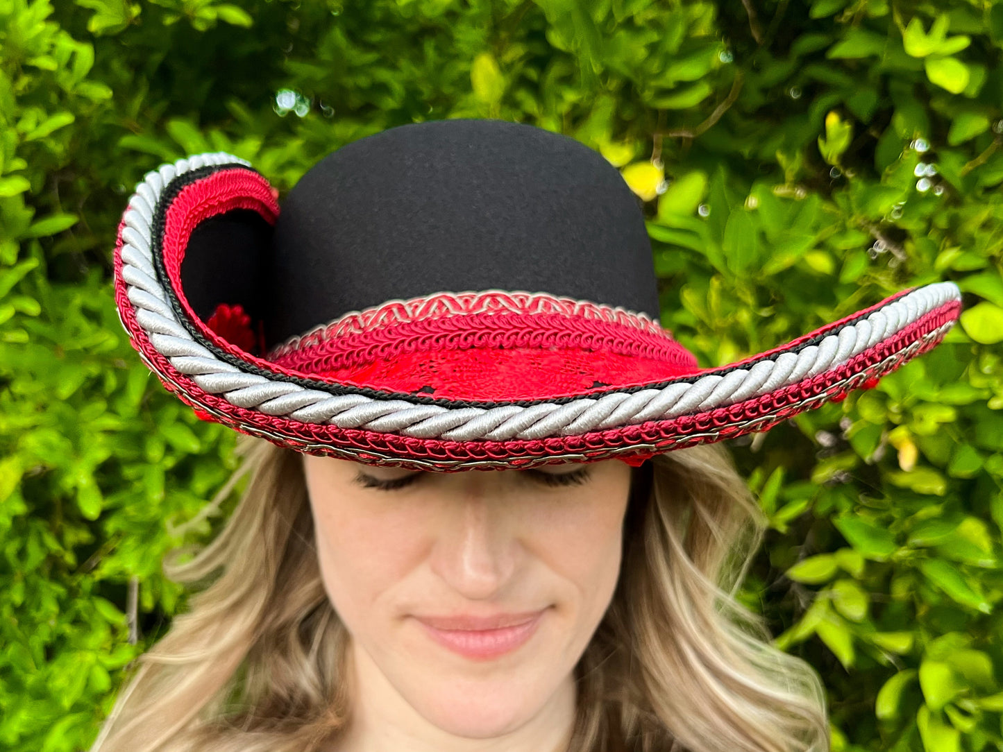 Cavalier Hat 22" Black Polyester Base with Red Trim, Feathers, and Brooch