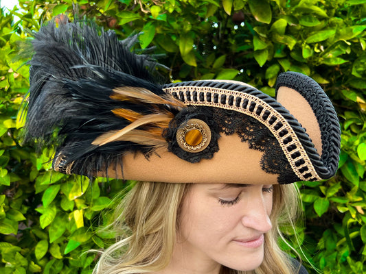 Tricorn Hat 22" Tan Polyester Base with Black Trim, Feathers, and Vintage Brooch