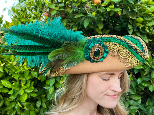 Tricorn Hat 22" Tan Polyester Base with Emerald Green Trim, Feathers, and Brooch