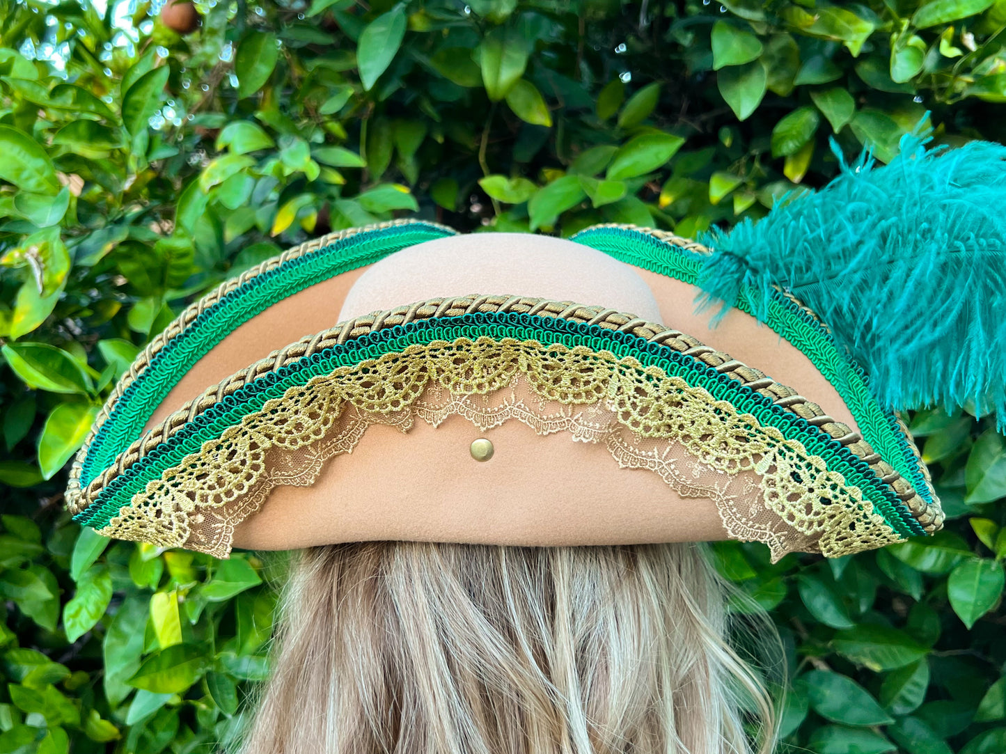 Tricorn Hat 22" Tan Polyester Base with Emerald Green Trim, Feathers, and Brooch