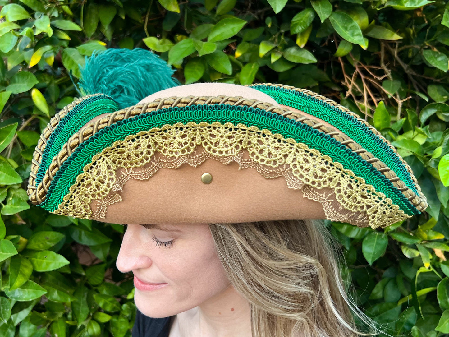 Tricorn Hat 22" Tan Polyester Base with Emerald Green Trim, Feathers, and Brooch