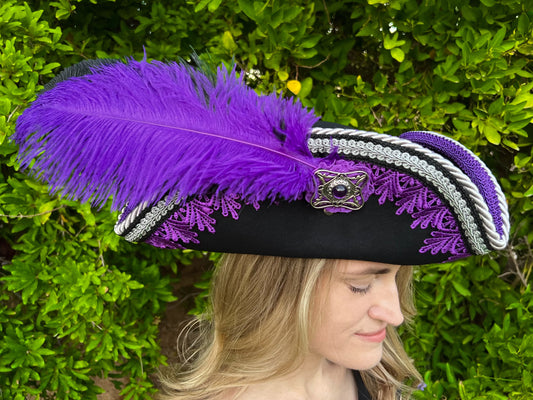 Tricorn Hat 22" Black Wool Base with Purple Trim, Feathers, and Silver Brooch