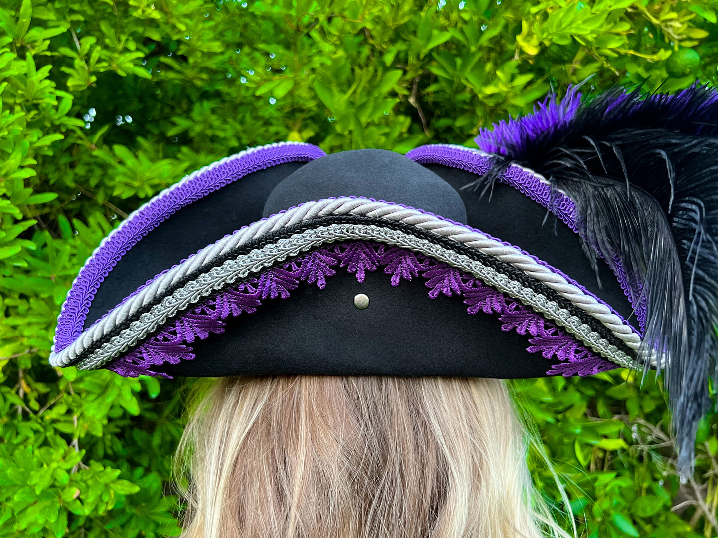 Tricorn Hat 22" Black Wool Base with Purple Trim, Feathers, and Silver Brooch