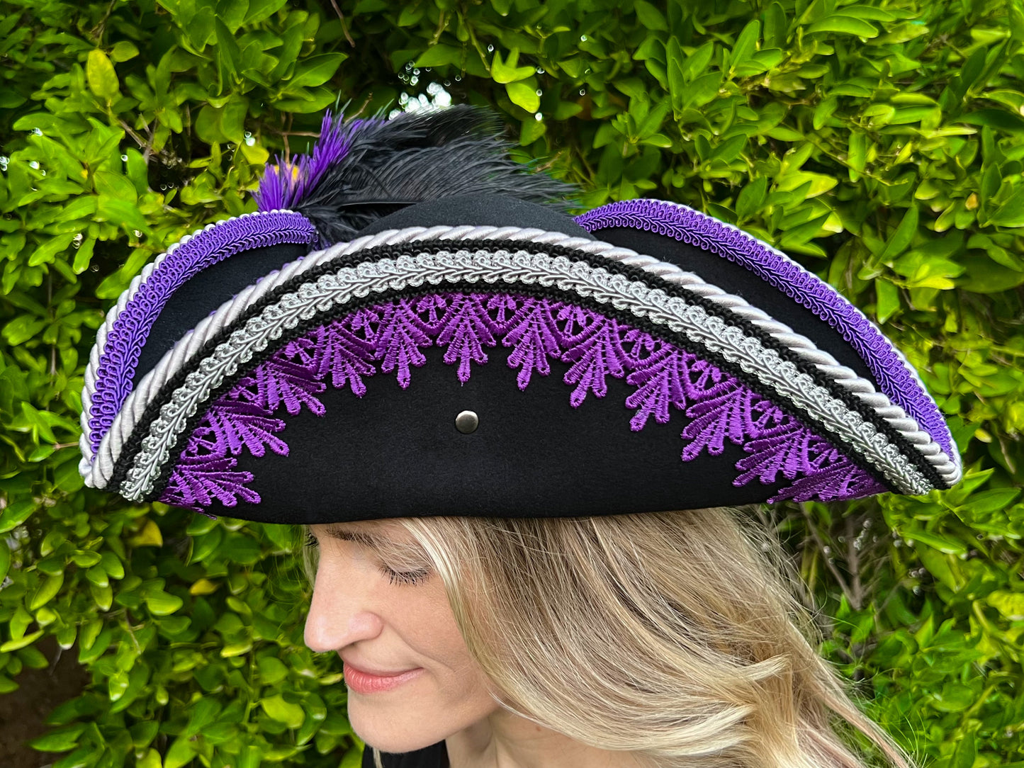 Tricorn Hat 22" Black Wool Base with Purple Trim, Feathers, and Silver Brooch