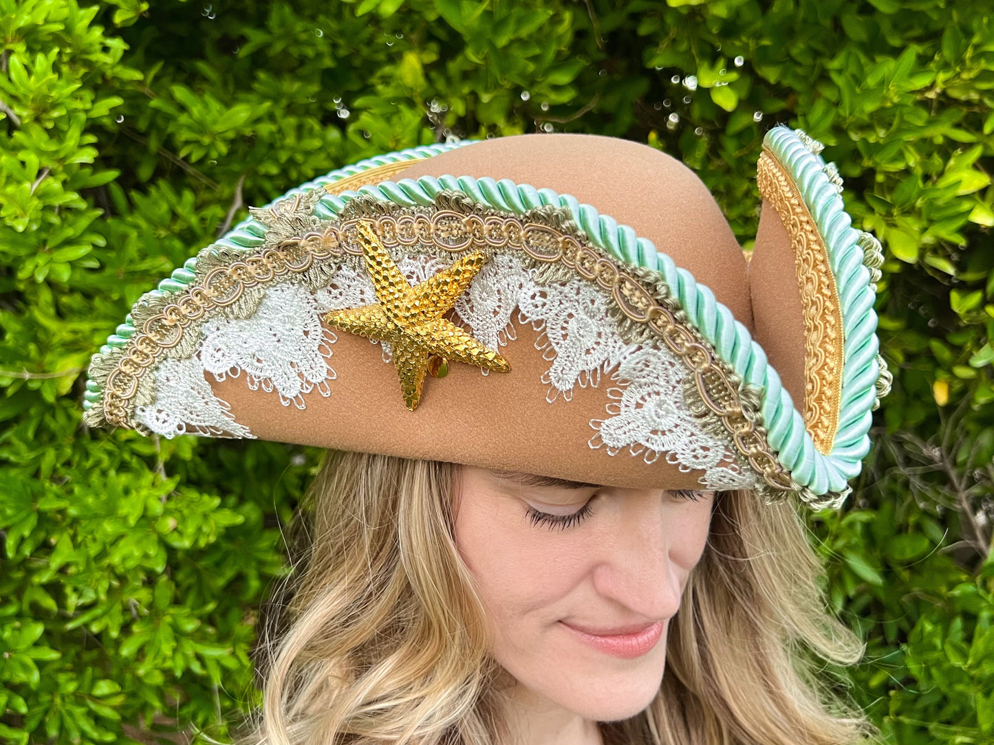 Tricorn Hat 22" Tan Polyester Base with Mint/Sage Trim and Gold Starfish Brooch