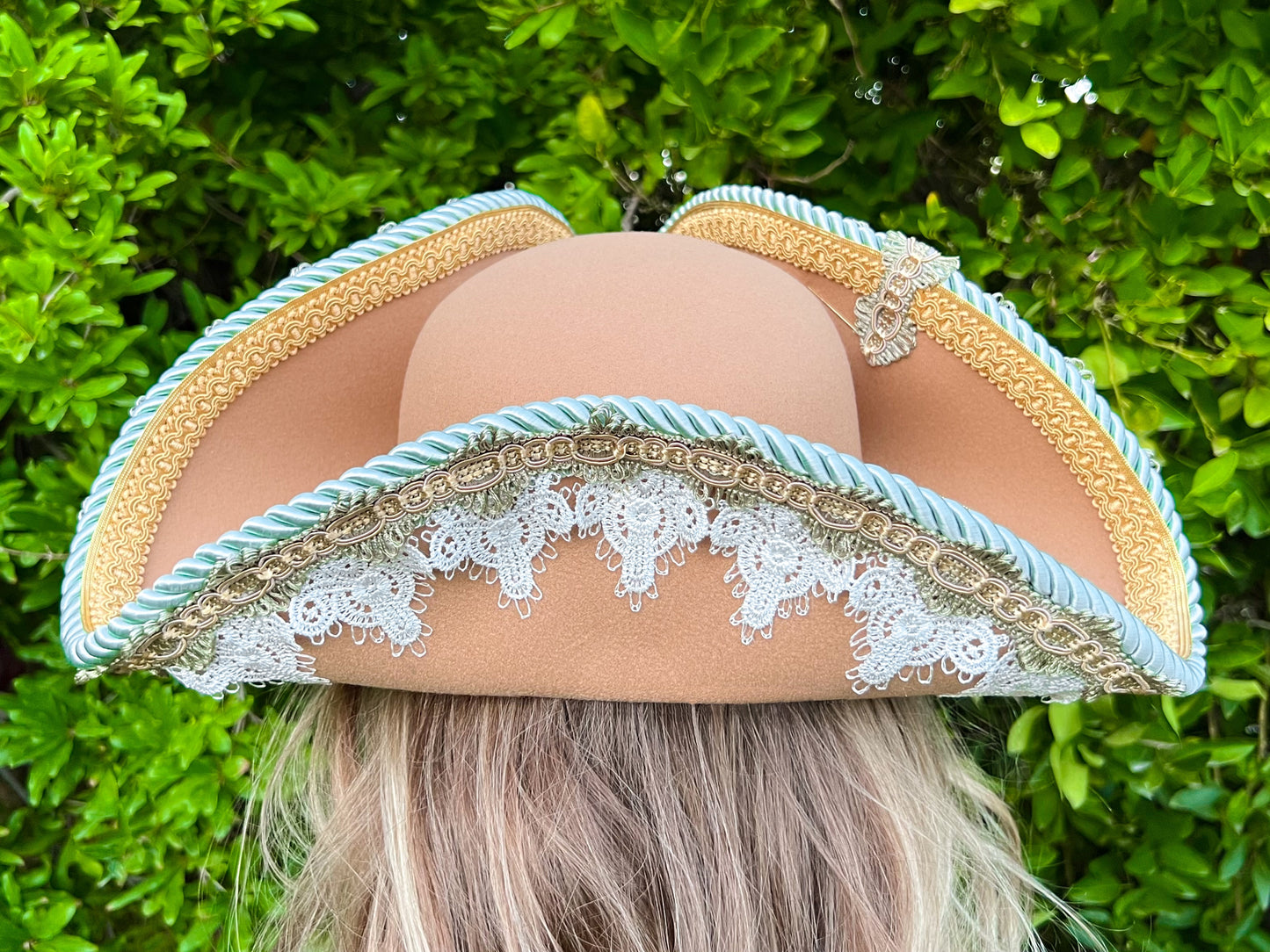 Tricorn Hat 22" Tan Polyester Base with Mint/Sage Trim and Gold Starfish Brooch