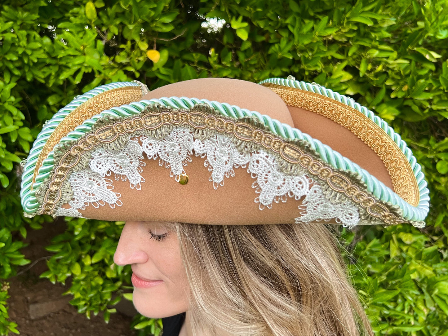 Tricorn Hat 22" Tan Polyester Base with Mint/Sage Trim and Gold Starfish Brooch