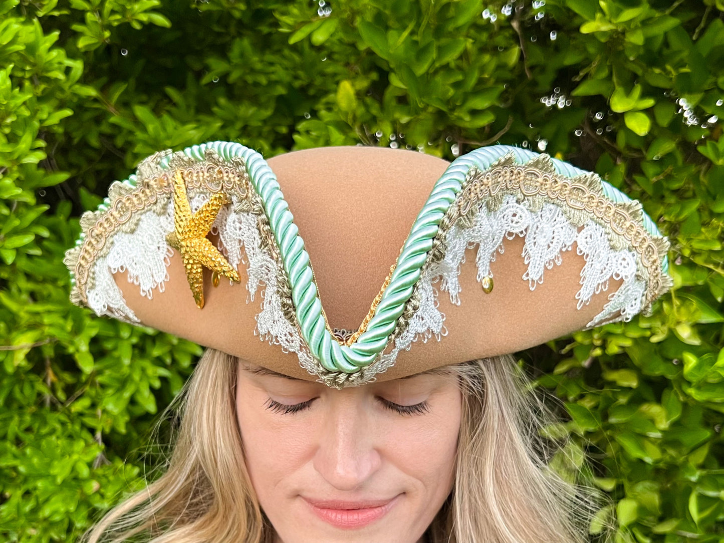 Tricorn Hat 22" Tan Polyester Base with Mint/Sage Trim and Gold Starfish Brooch