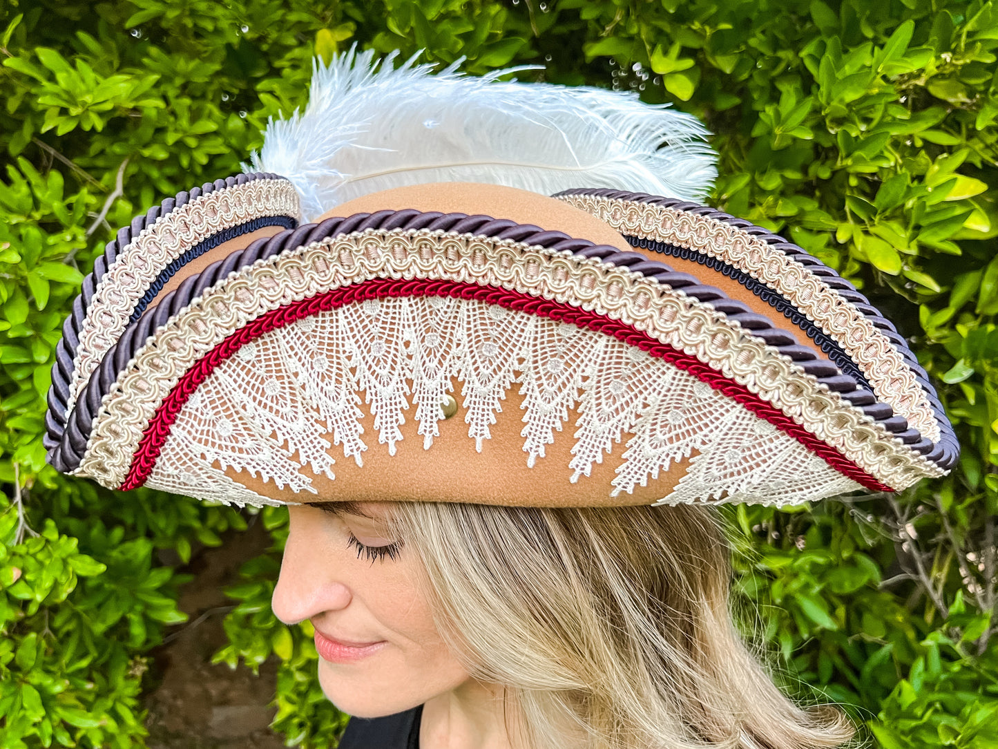 Tricorn Hat 22" Tan Polyester Base with Navy/Red/White Trim, Feathers, and Brooch