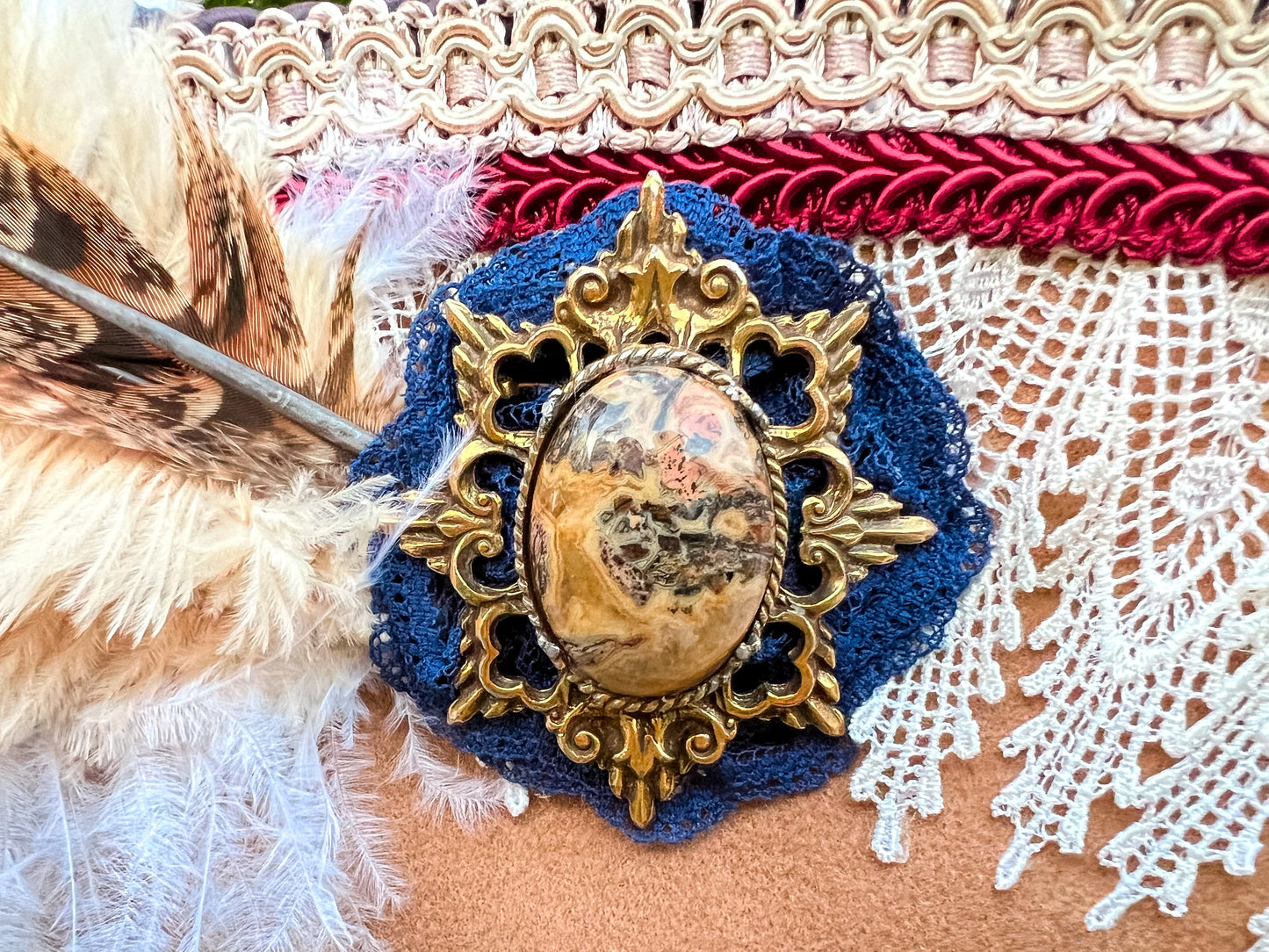 Tricorn Hat 22" Tan Polyester Base with Navy/Red/White Trim, Feathers, and Brooch