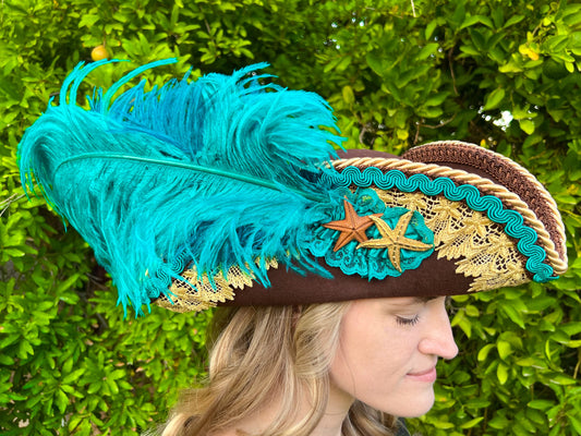 Tricorn Hat 22" Brown Wool Base with Teal/Gold Trim, Feathers, and Starfishes