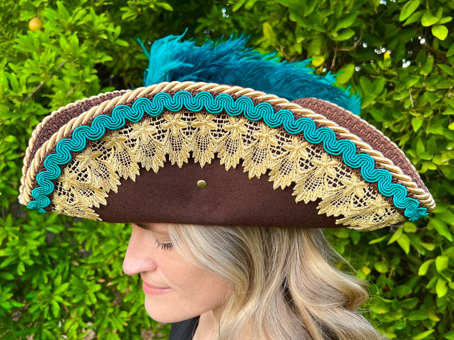 Tricorn Hat 22" Brown Wool Base with Teal/Gold Trim, Feathers, and Starfishes