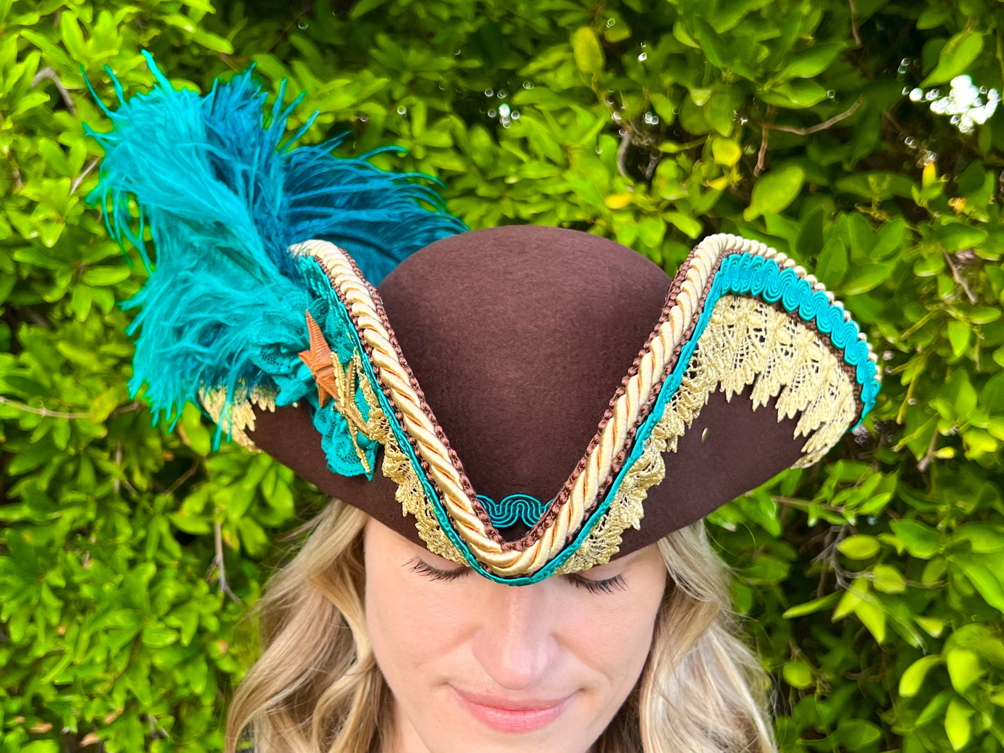 Tricorn Hat 22" Brown Wool Base with Teal/Gold Trim, Feathers, and Starfishes