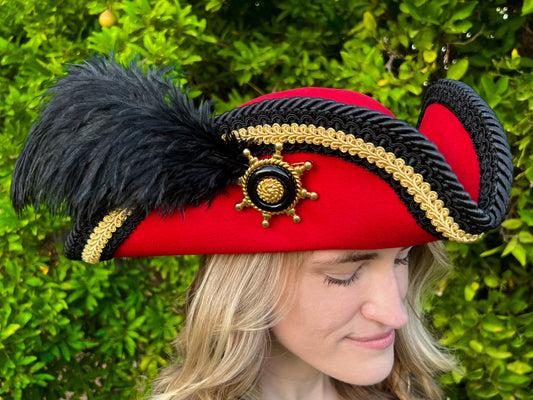 Tricorn Hat 22" Red Wool Base with Black/Gold Trim, Feathers, and Helm Brooch