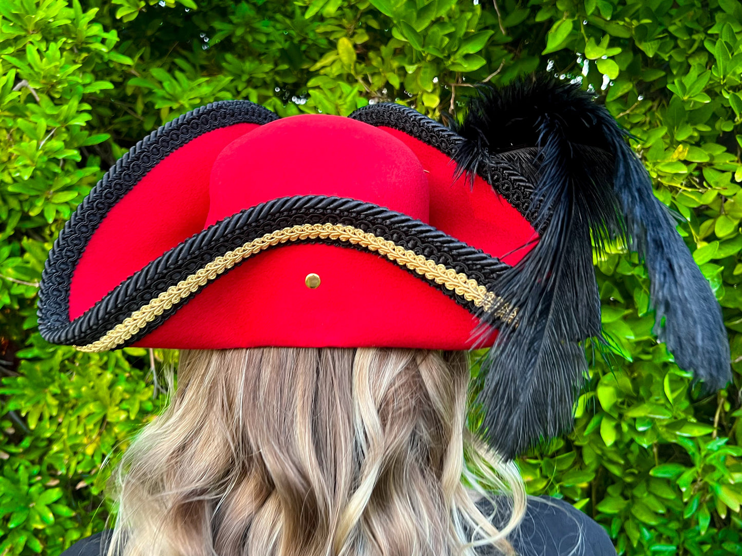 Tricorn Hat 22" Red Wool Base with Black/Gold Trim, Feathers, and Helm Brooch