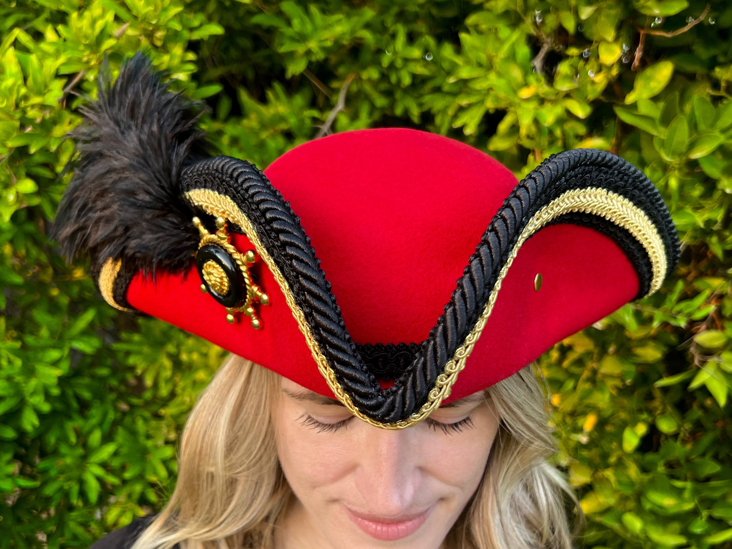 Tricorn Hat 22" Red Wool Base with Black/Gold Trim, Feathers, and Helm Brooch