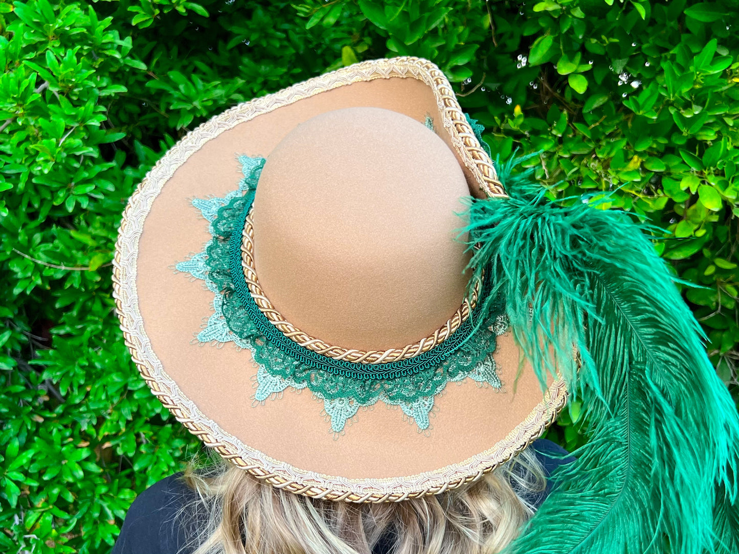 Cavalier Hat 22" Tan Polyester Base with Green Trim, Feathers, and Mermaid Brooch